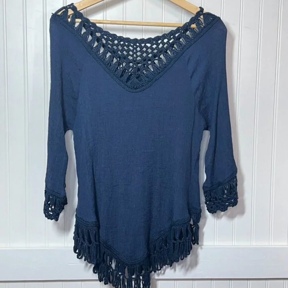 NYGARD Blouse Navy Crochet Hippie Indie Fairy Whimsy Festival V-Neck Fringe L - Picture 3 of 7